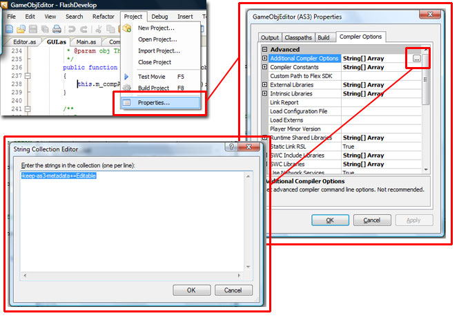 The additional compiler options settings for the AS3 Game Object Editor