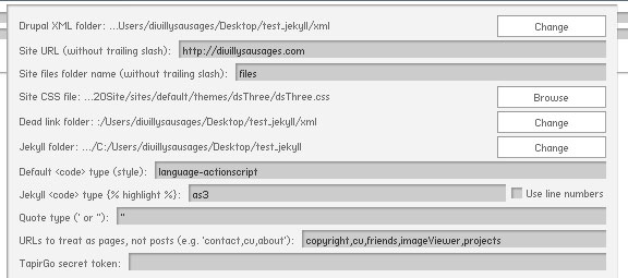 The Drupal2Jekyll settings screen