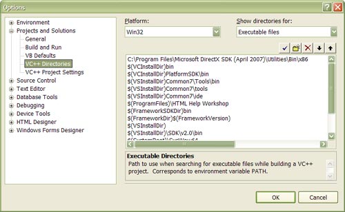 The VC++ Directories option in the Tool » Options menu