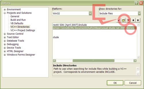 The Include files option in the VC++ Directories option