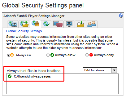 The Flash Player security settings dialog