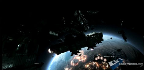 A slightly obscure image of ships heading towards a planet, from the backstory trailer of Halo Wars